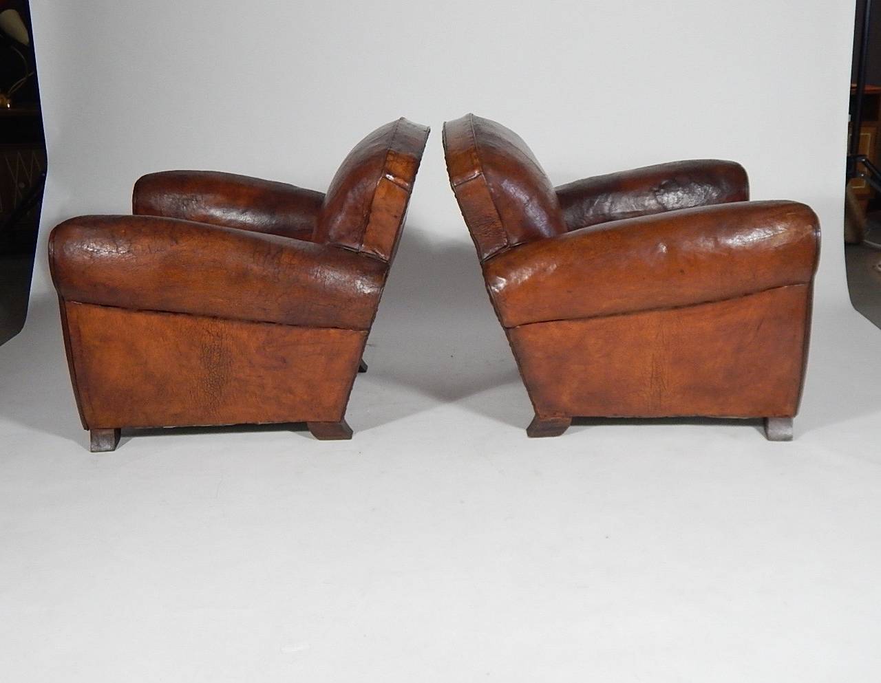 Pair of French Art Deco Leather Club Chairs, circa 1930 In Good Condition In Hudson, NY