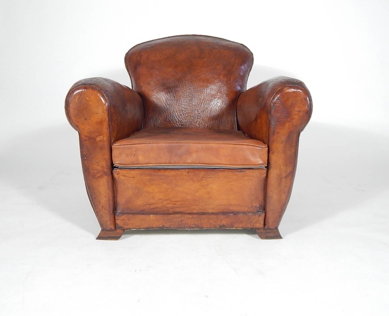 Brass Pair of French Art Deco Leather Club Chairs, circa 1930
