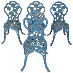 French Art Nouveau Blue-Painted Iron Garden Chairs, circa 1900