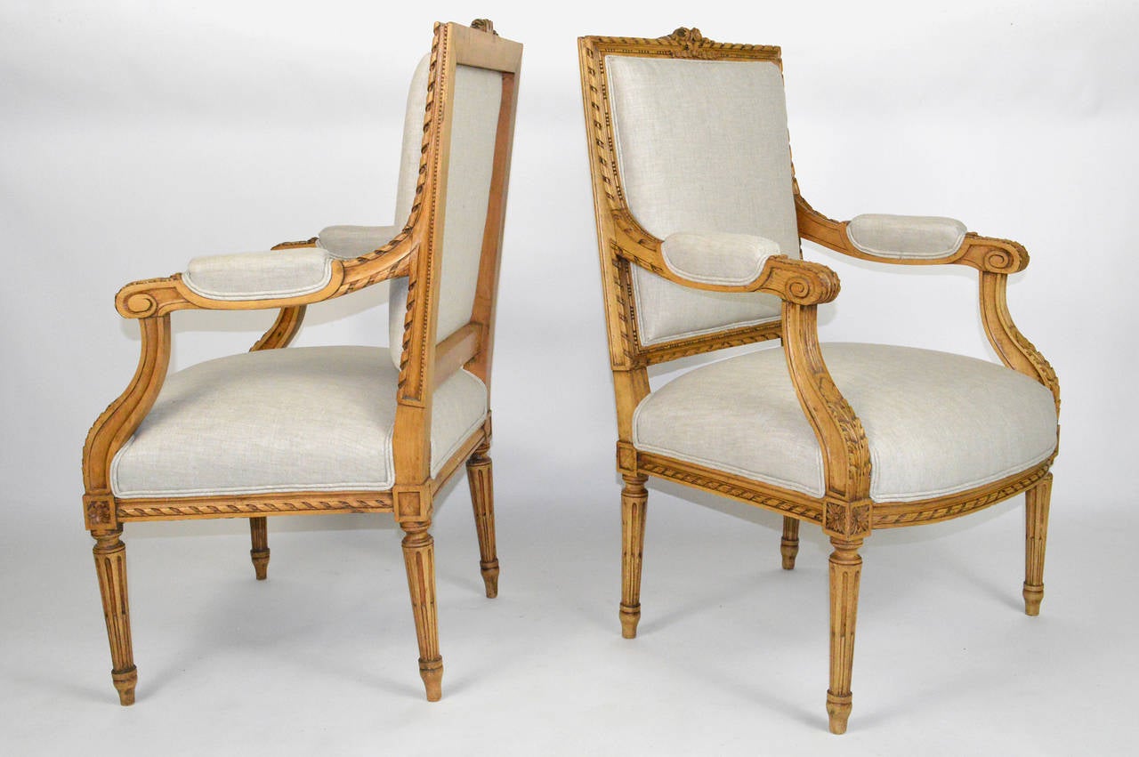 Pair of Carved Louis XVI Style French Armchairs For Sale 2