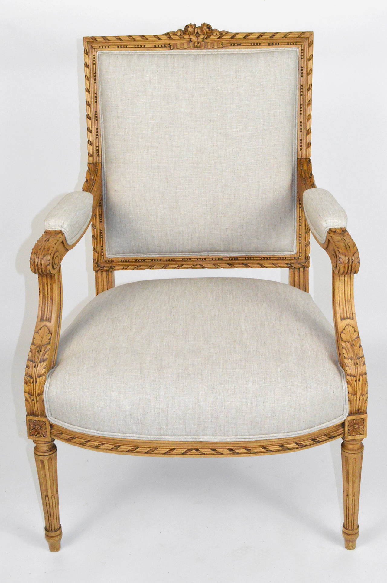 Pair of Carved Louis XVI Style French Armchairs For Sale 1