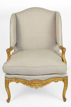 French Louis XV Style Giltwood Fauteuil Wing Chair
