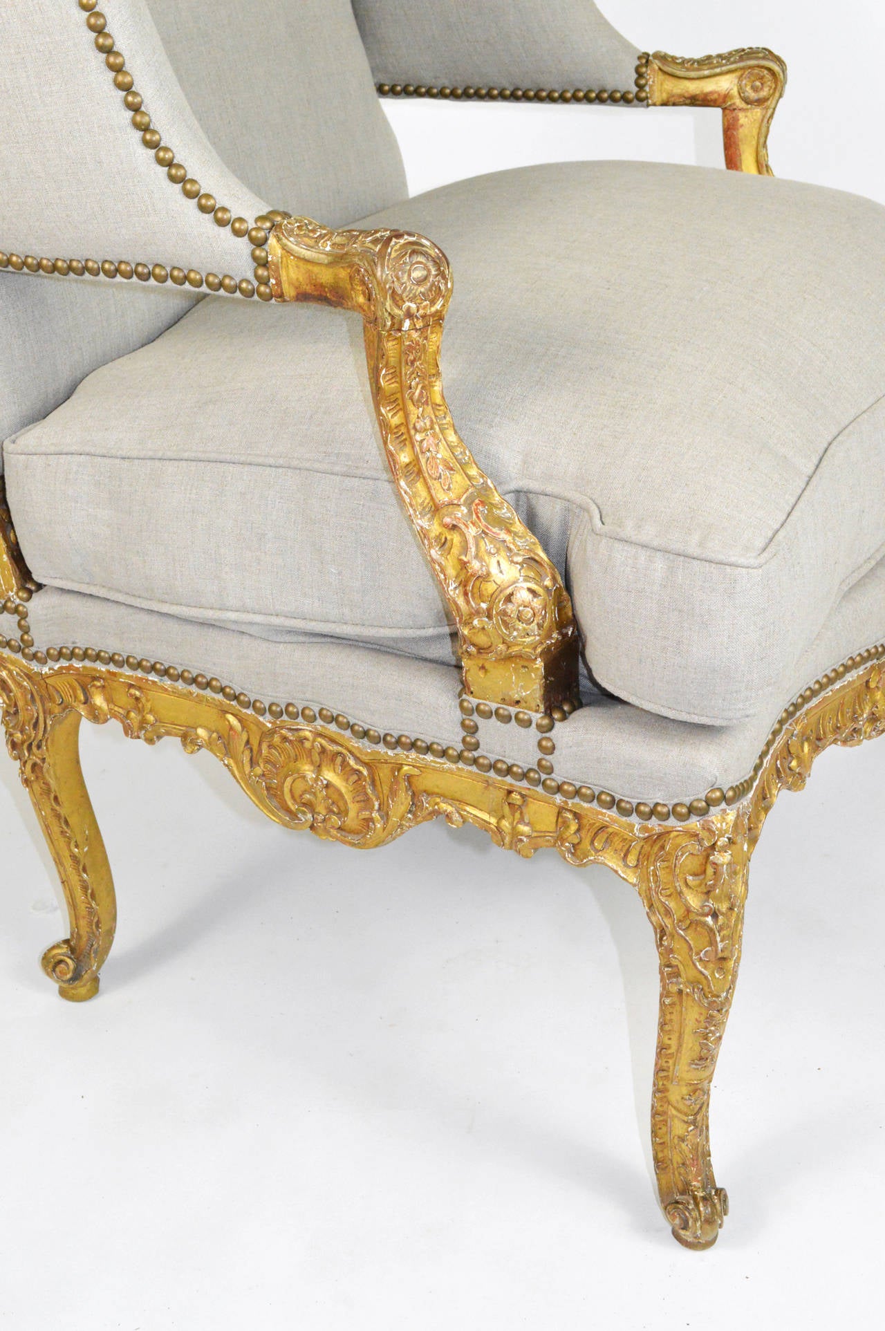French Louis XV Style Giltwood Fauteuil Wing Chair 3