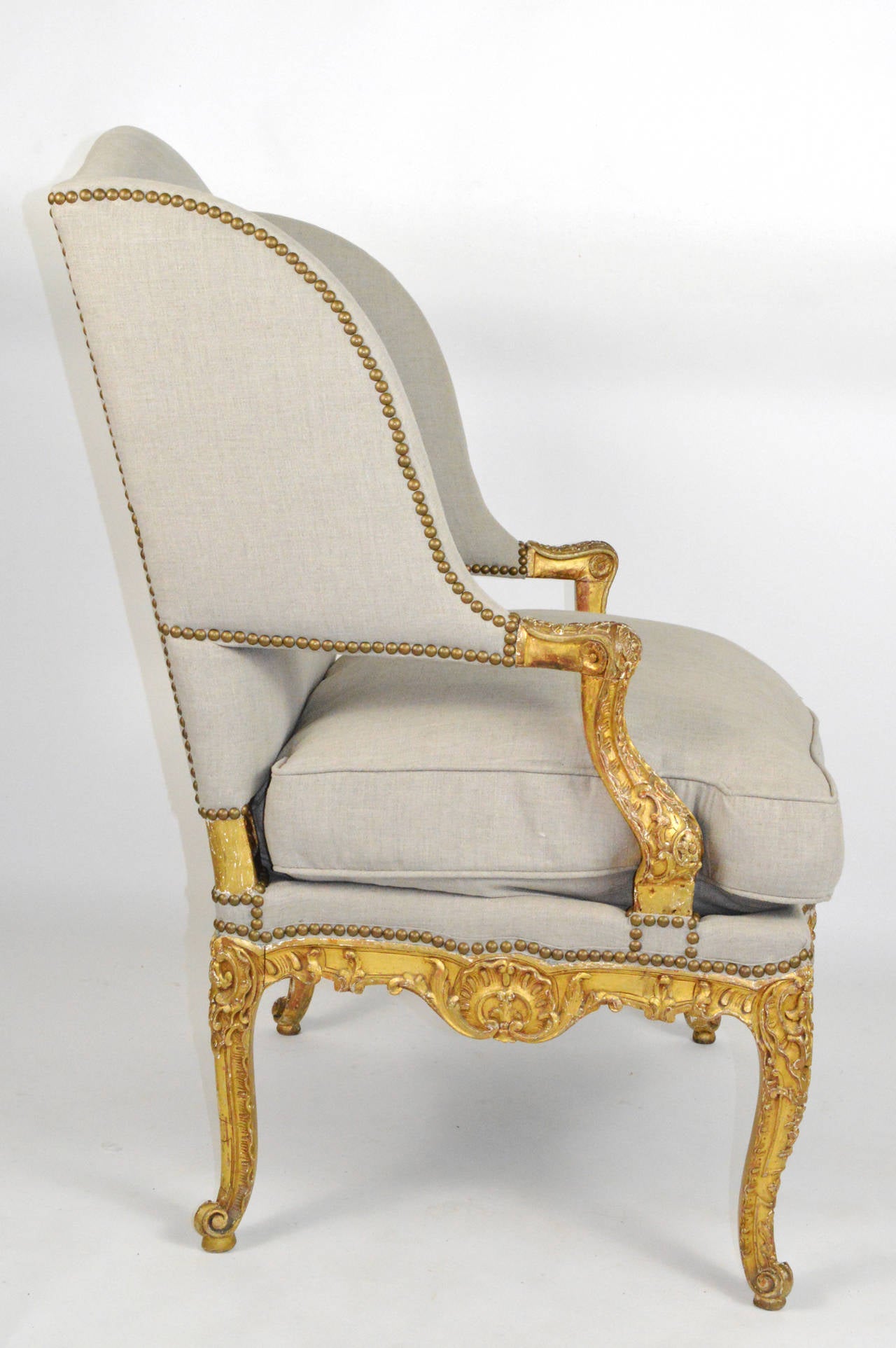 French Louis XV Style Giltwood Fauteuil Wing Chair In Good Condition In Atlanta, GA