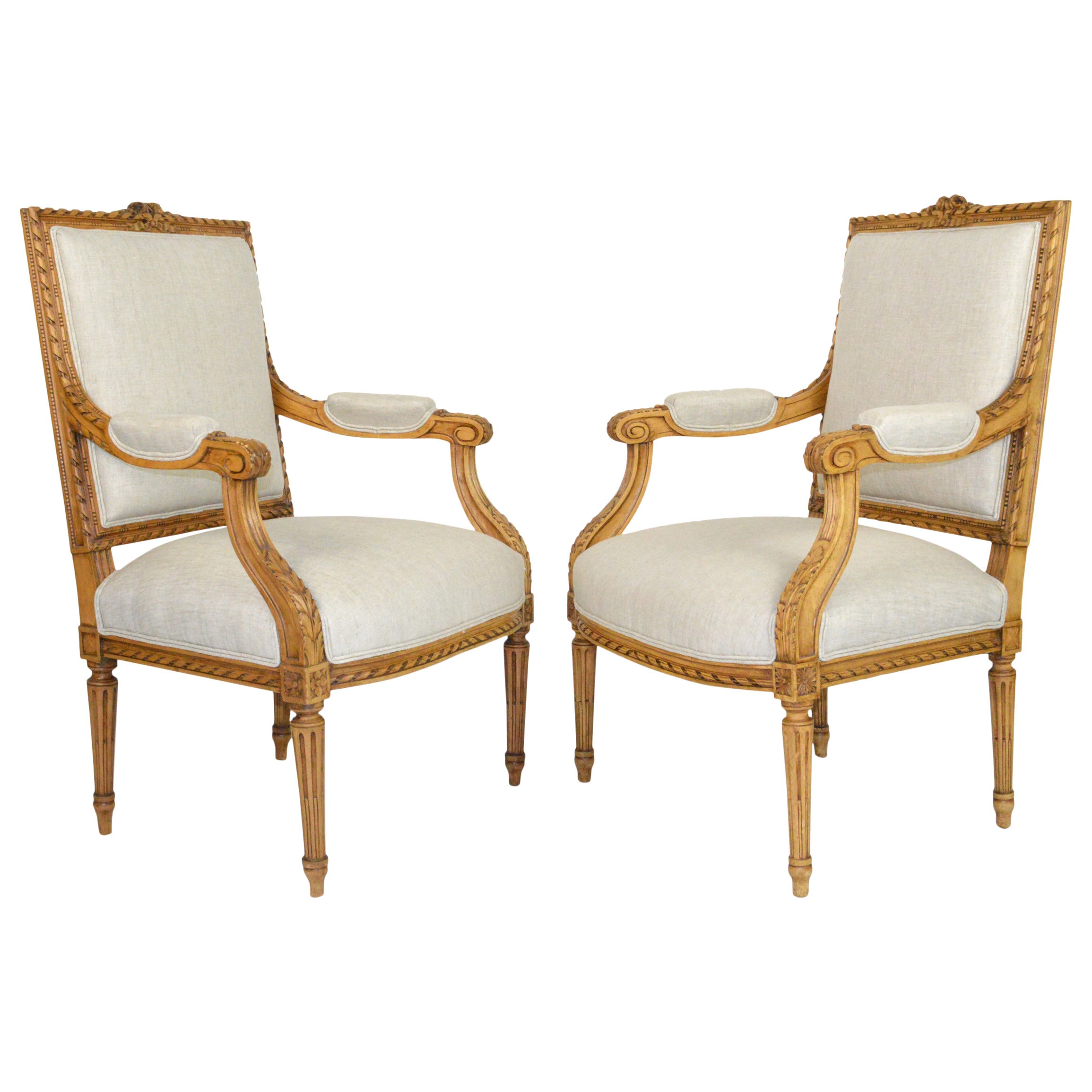 Pair of Carved Louis XVI Style French Armchairs For Sale