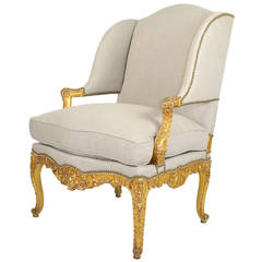 French Louis XV Style Giltwood Fauteuil Wing Chair