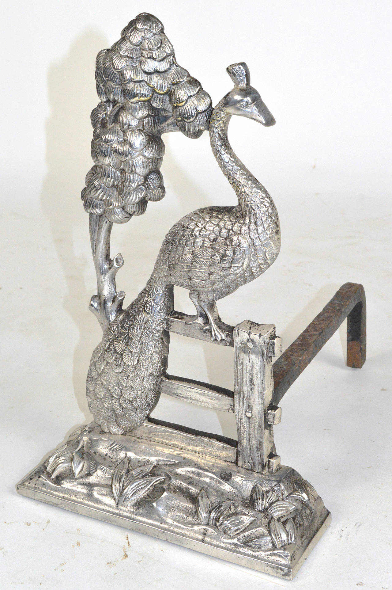 Pair of Art Nouveau Silvered Bronze Peacock Andirons 1