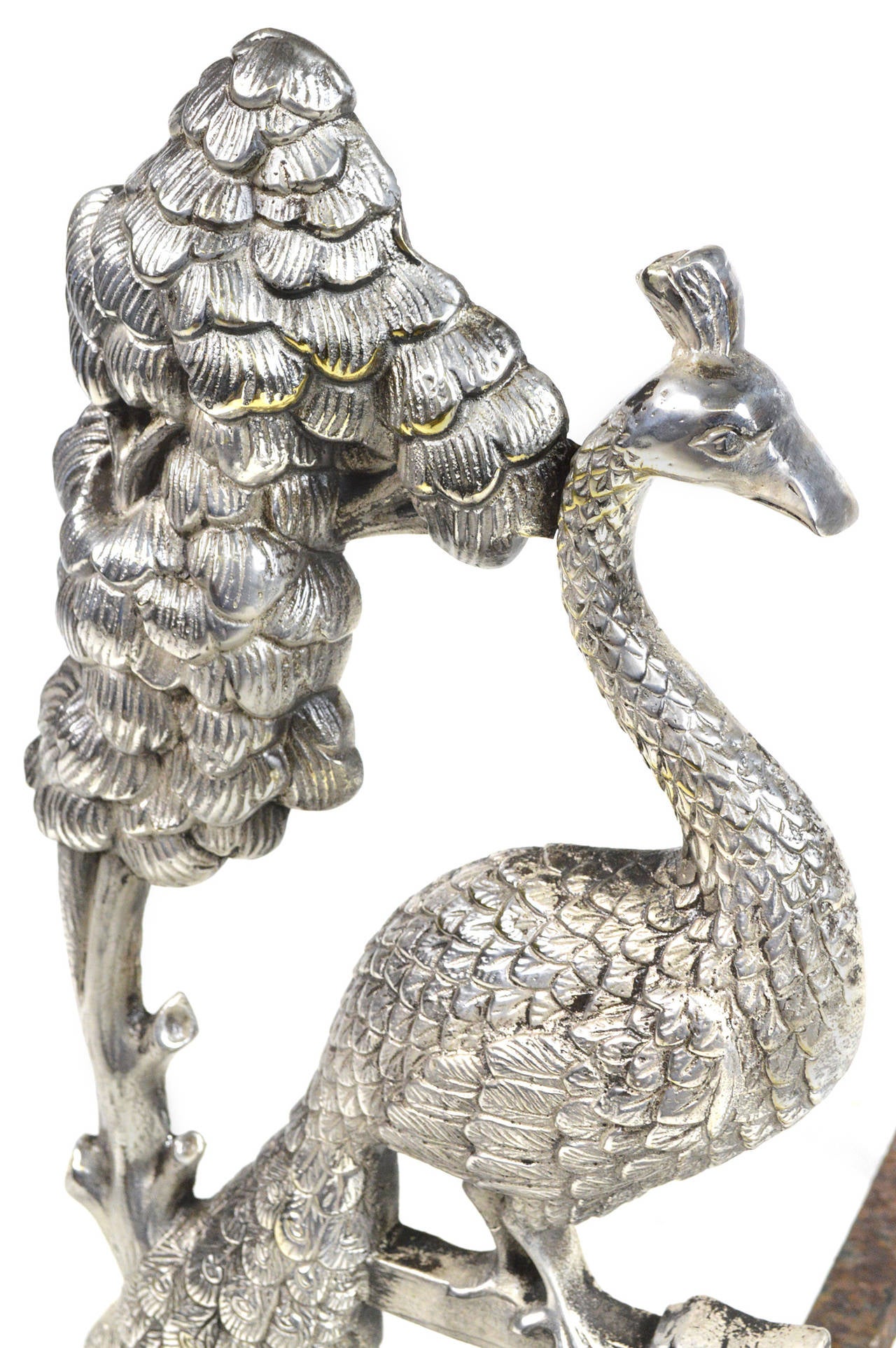 20th Century Pair of Art Nouveau Silvered Bronze Peacock Andirons