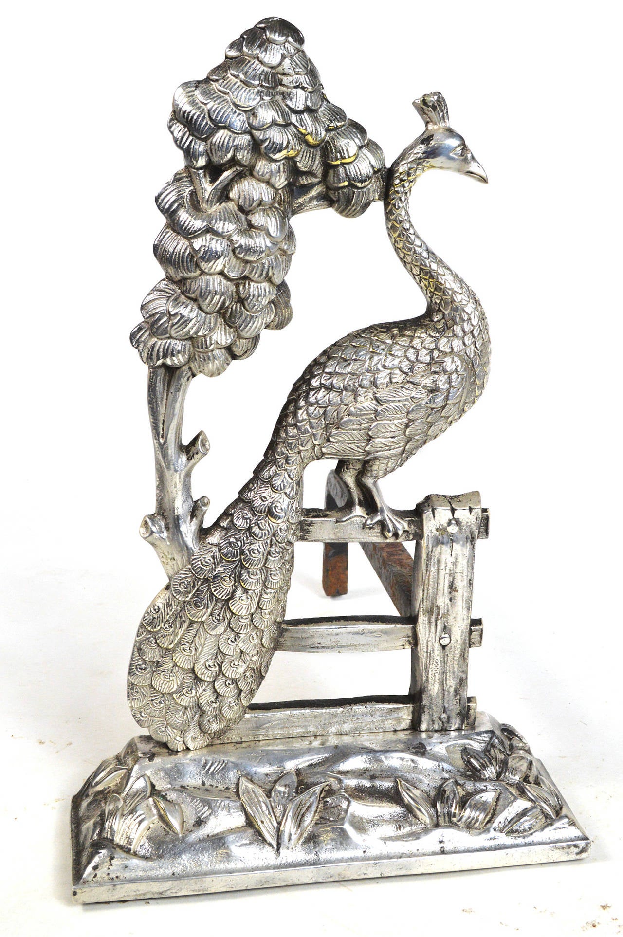 Unknown Pair of Art Nouveau Silvered Bronze Peacock Andirons