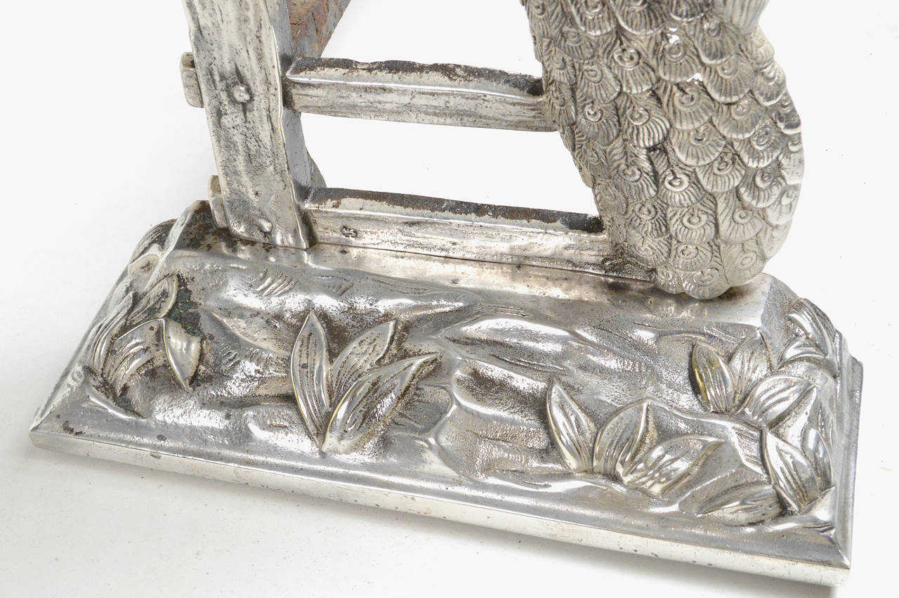 Pair of Art Nouveau Silvered Bronze Peacock Andirons 2