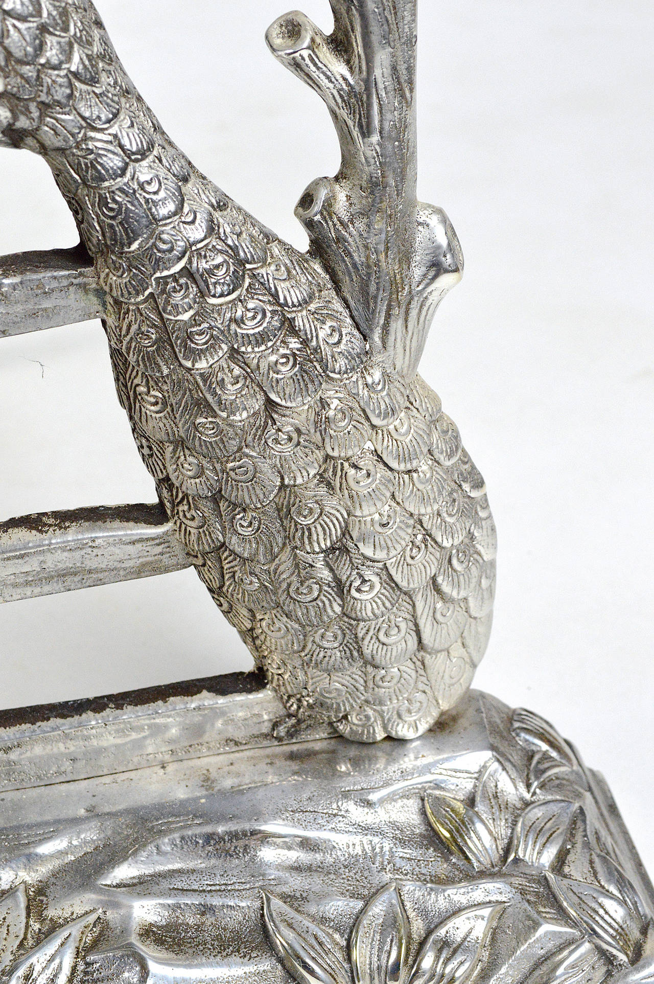 Pair of Art Nouveau Silvered Bronze Peacock Andirons 3
