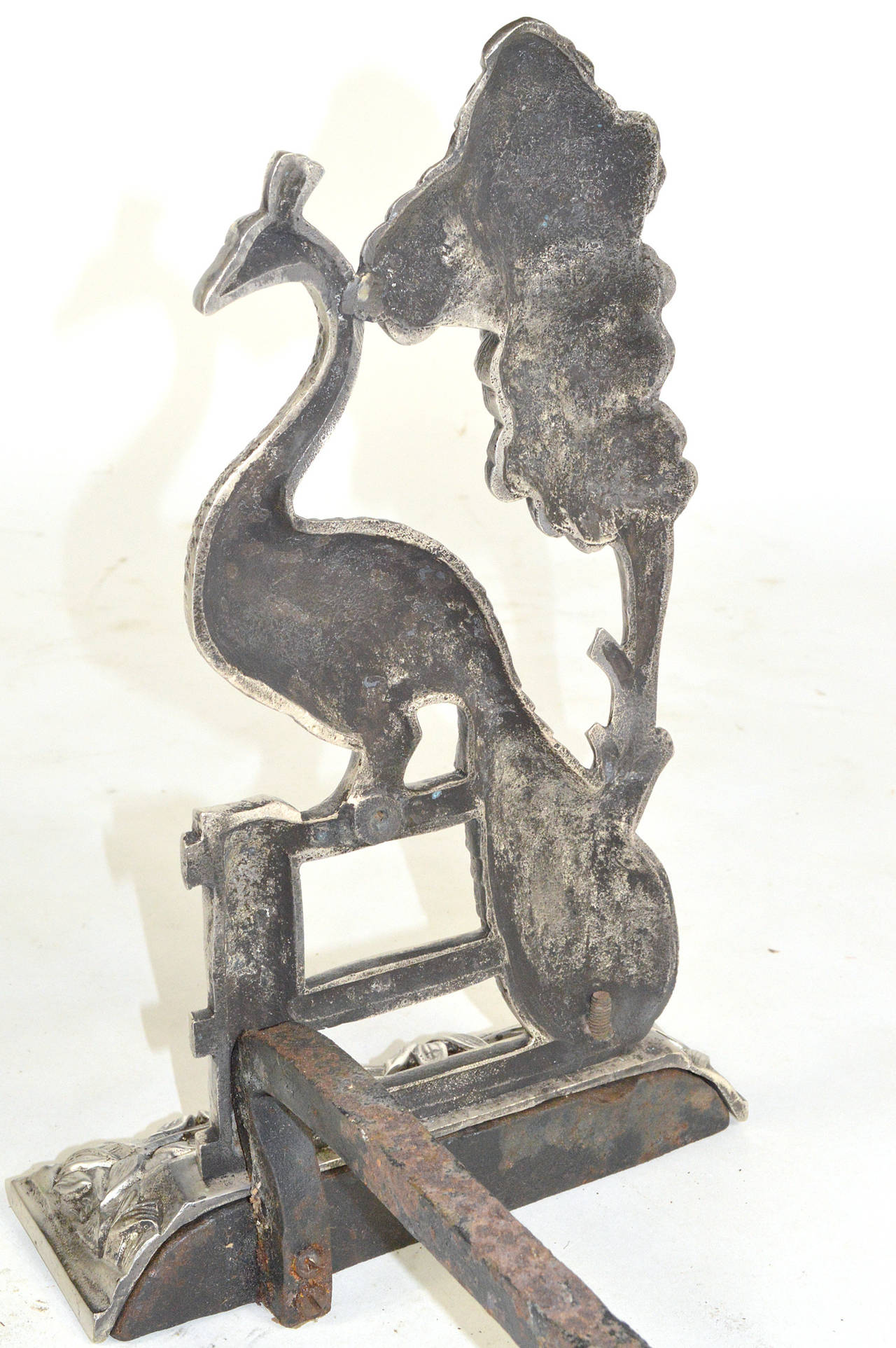 Pair of Art Nouveau Silvered Bronze Peacock Andirons In Good Condition In Atlanta, GA