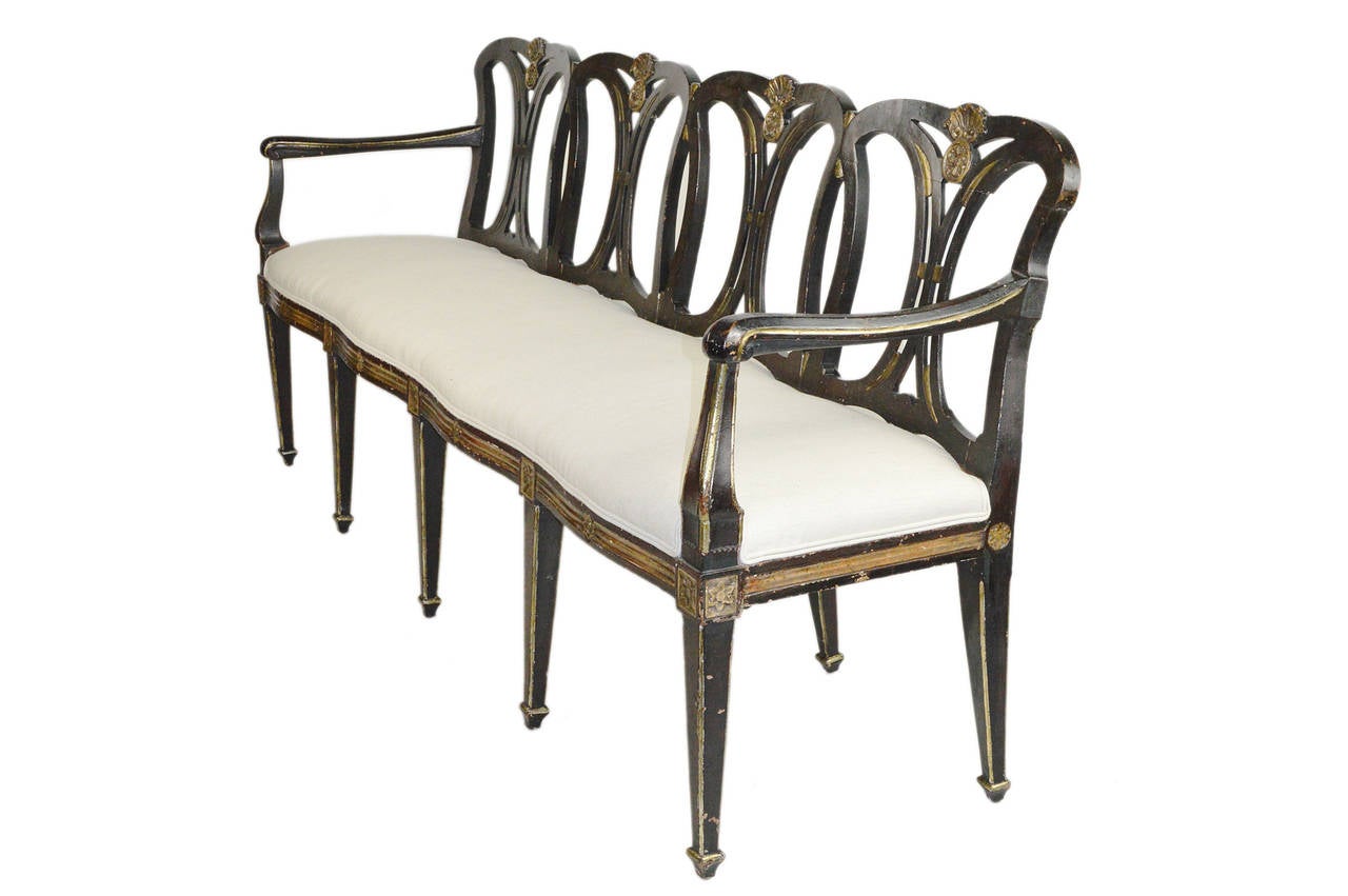 19th Century Italian Neoclassical Style Black Painted and Parcel-Gilt Bench In Good Condition For Sale In Atlanta, GA