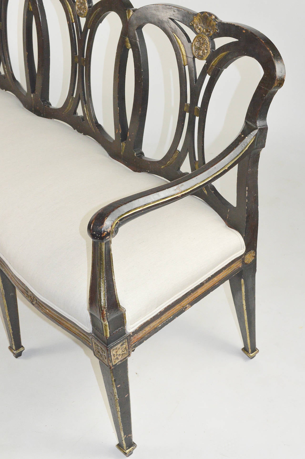 19th Century Italian Neoclassical Style Black Painted and Parcel-Gilt Bench For Sale 1