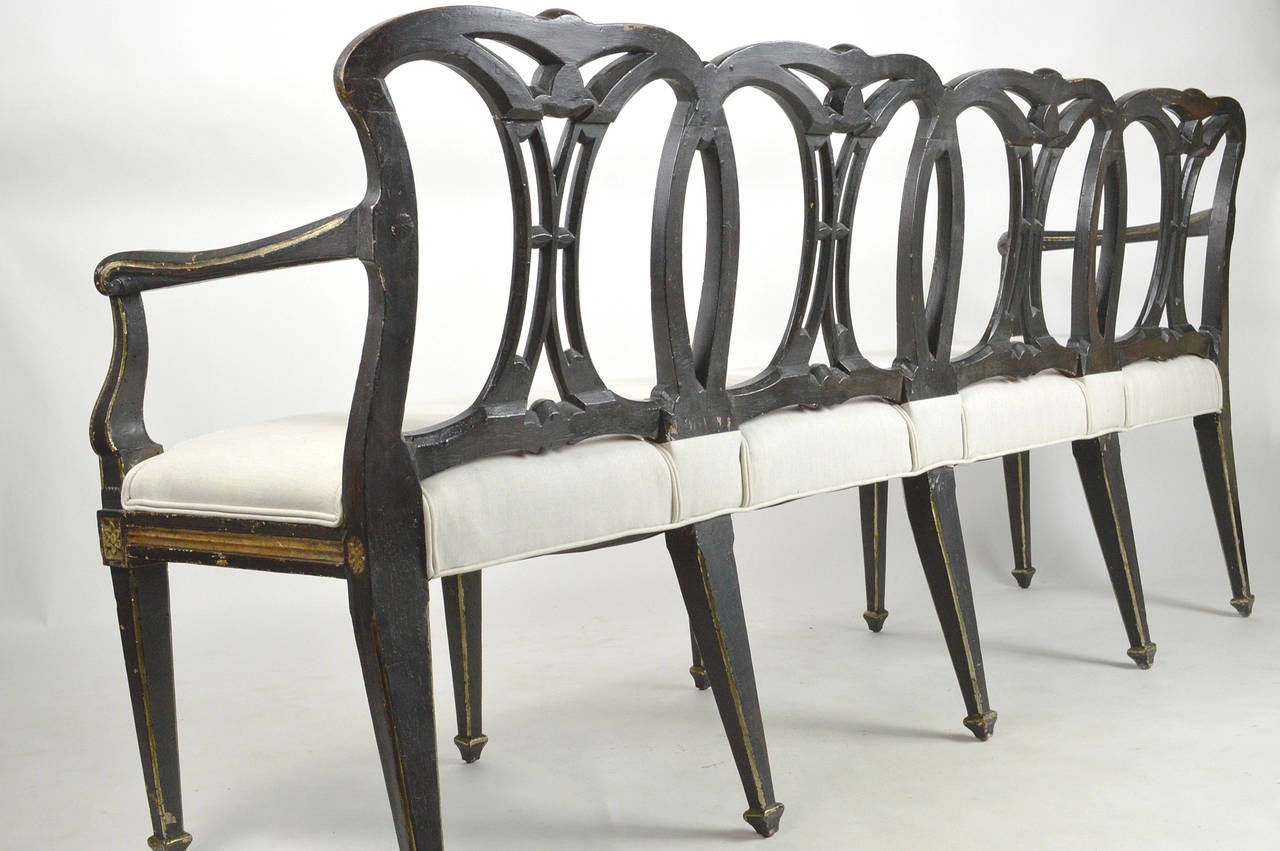 Wood 19th Century Italian Neoclassical Style Black Painted and Parcel-Gilt Bench For Sale