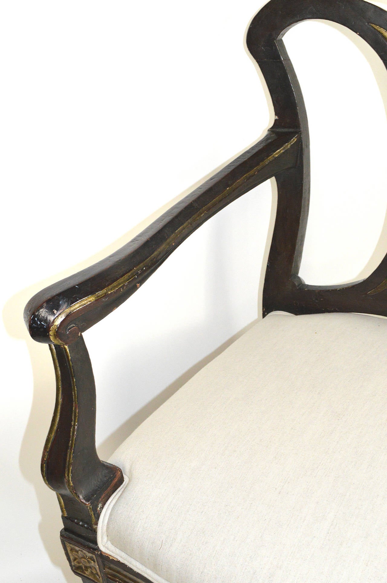 19th Century Italian Neoclassical Style Black Painted and Parcel-Gilt Bench For Sale 2