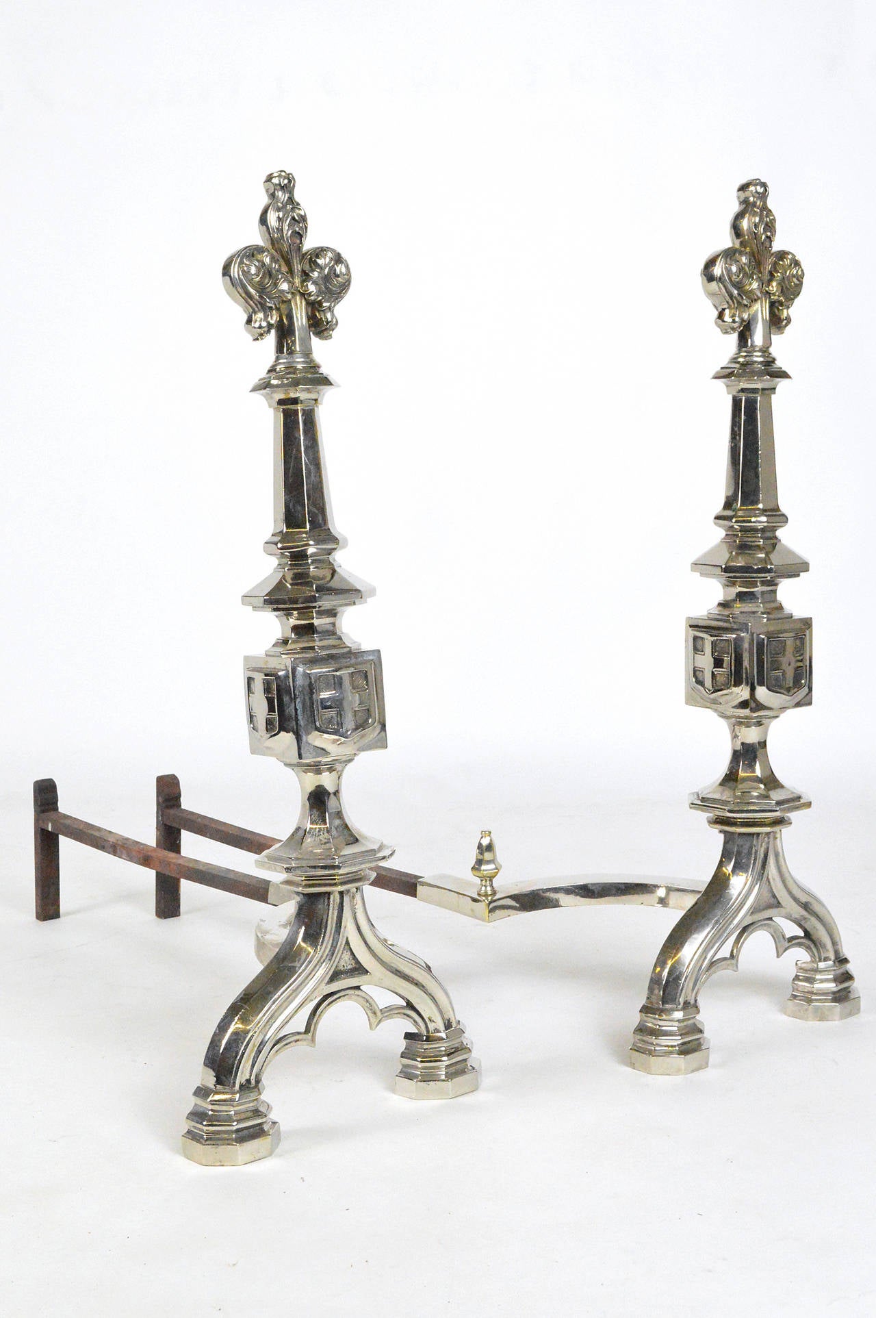 Pair of Fleur De Lis Motif Silvered Andirons