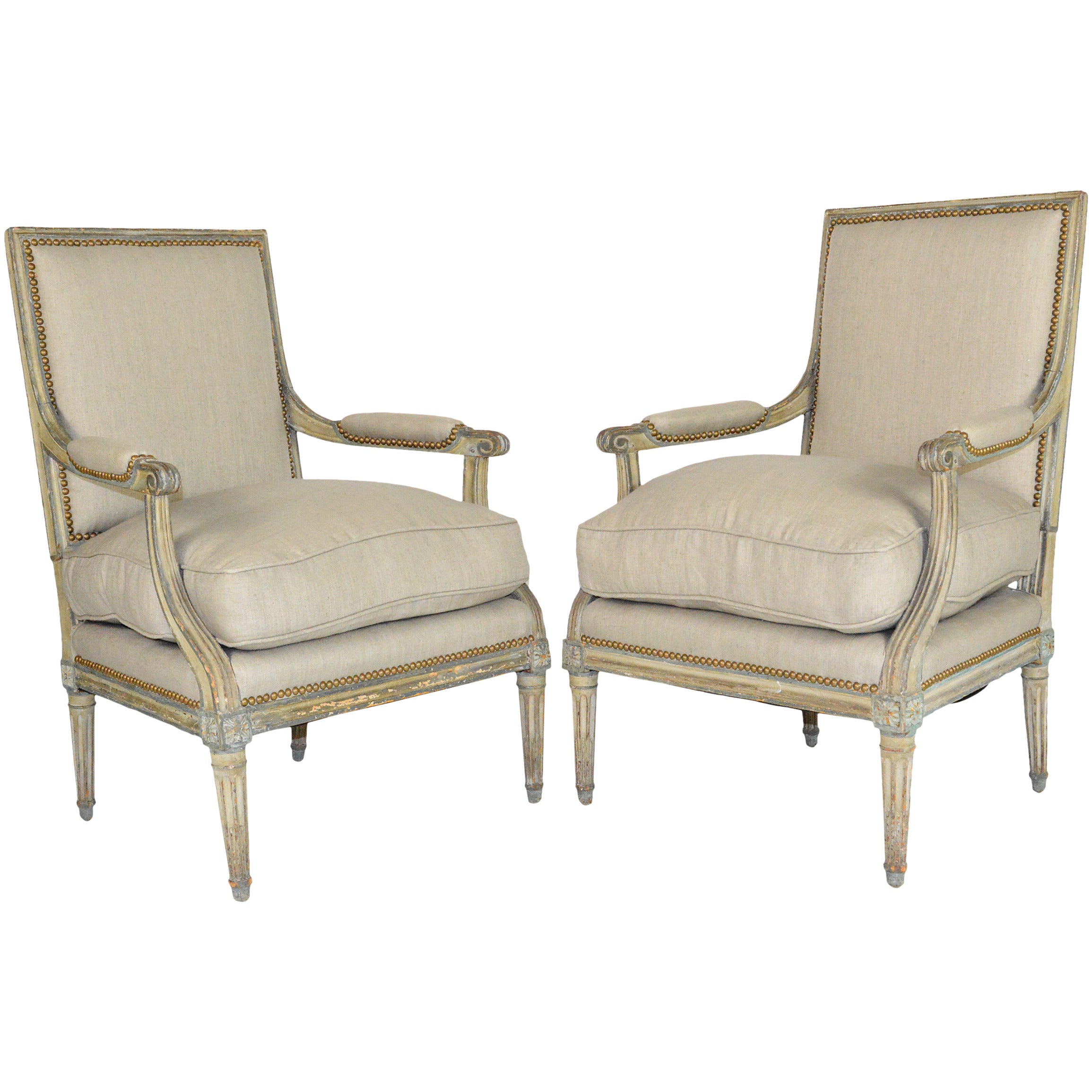 Pair of 18th Century French Louis XVI Painted Bergères For Sale