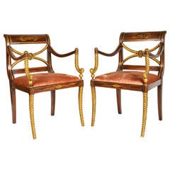 Pair of English Regency Style Painted and Giltwood Armchairs
