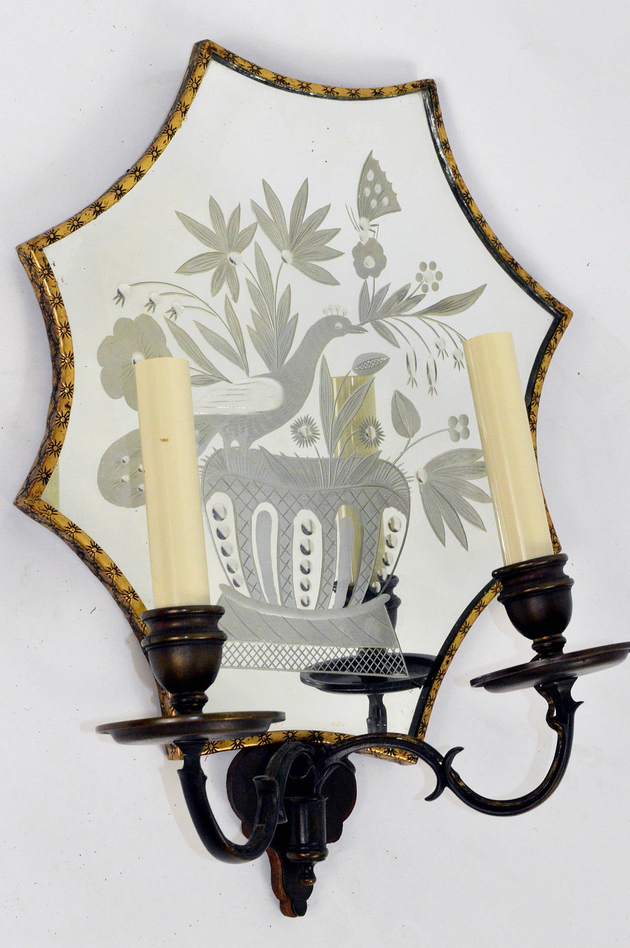 20th Century Set of Four Flower and Peacock Mirrored Back Sconces Signed Caldwell For Sale