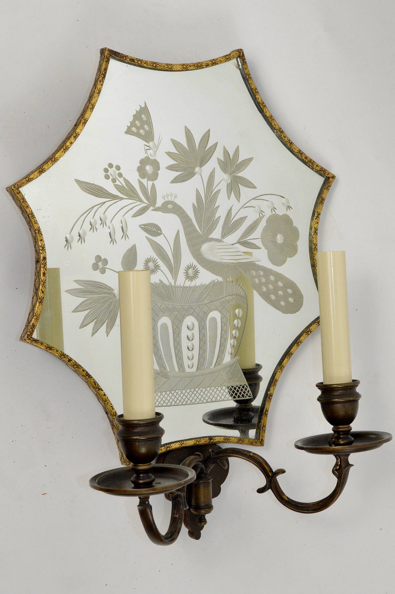 American Craftsman Set of Four Flower and Peacock Mirrored Back Sconces Signed Caldwell For Sale