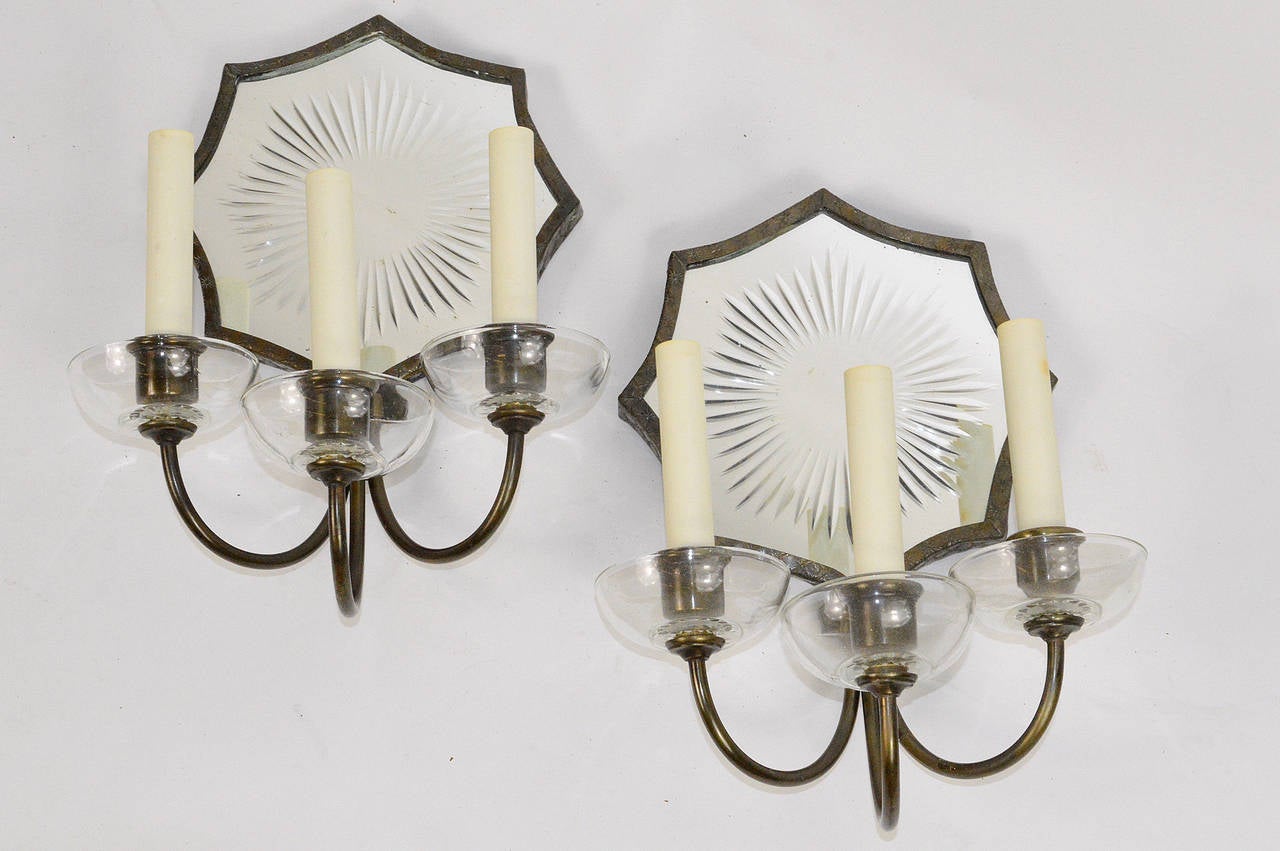American Set Four Etched Sunburst Wall Sconces Signed E F Caldwell