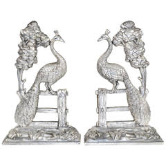 Pair of Art Nouveau Silvered Bronze Peacock Andirons