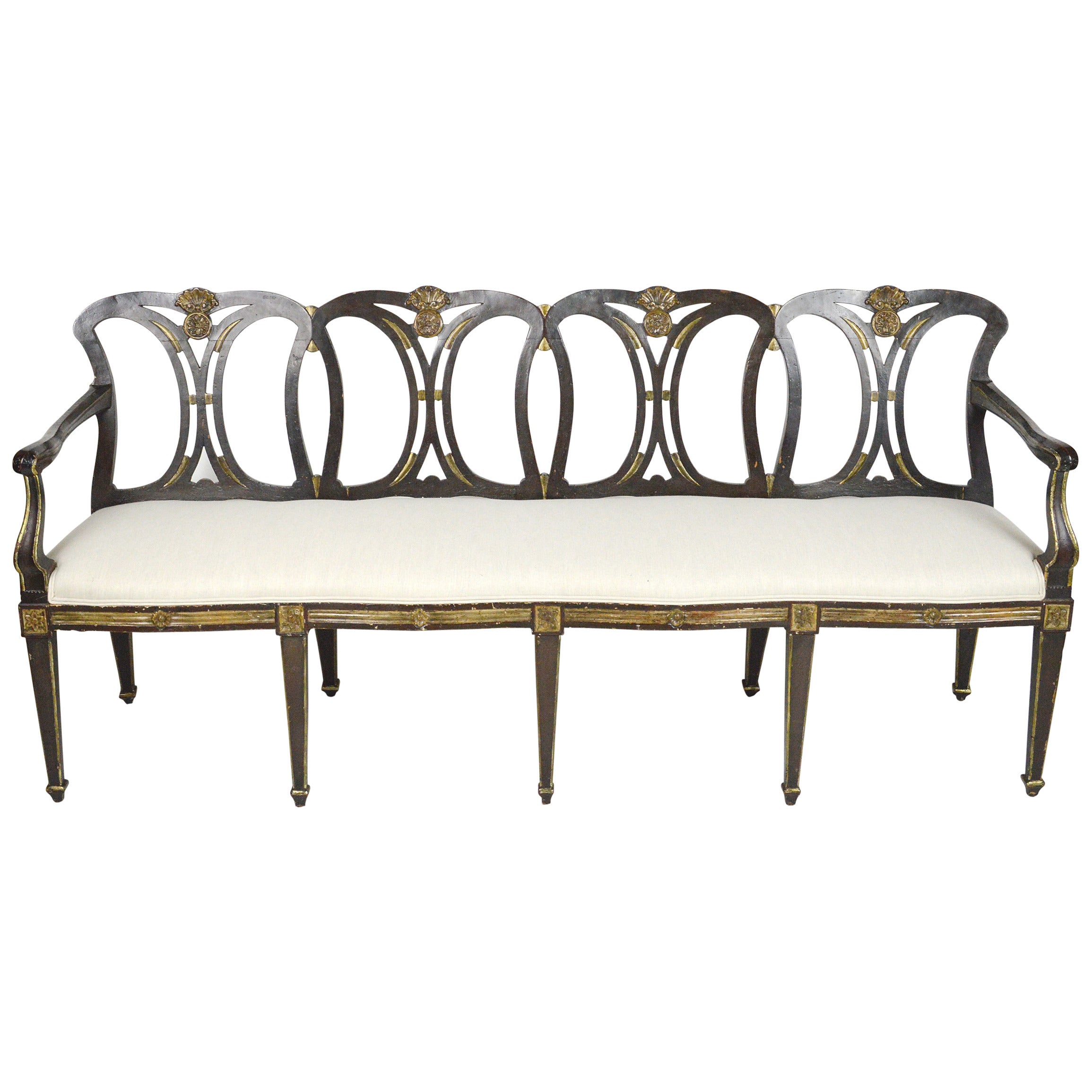 19th Century Italian Neoclassical Style Black Painted and Parcel-Gilt Bench For Sale