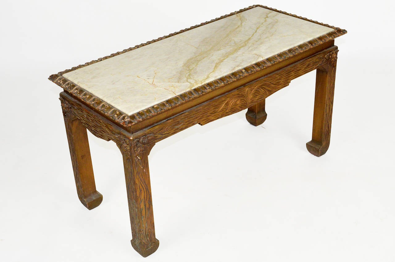 Chinese Chippendale Carved Wood Accent Table with Inset Marble Top