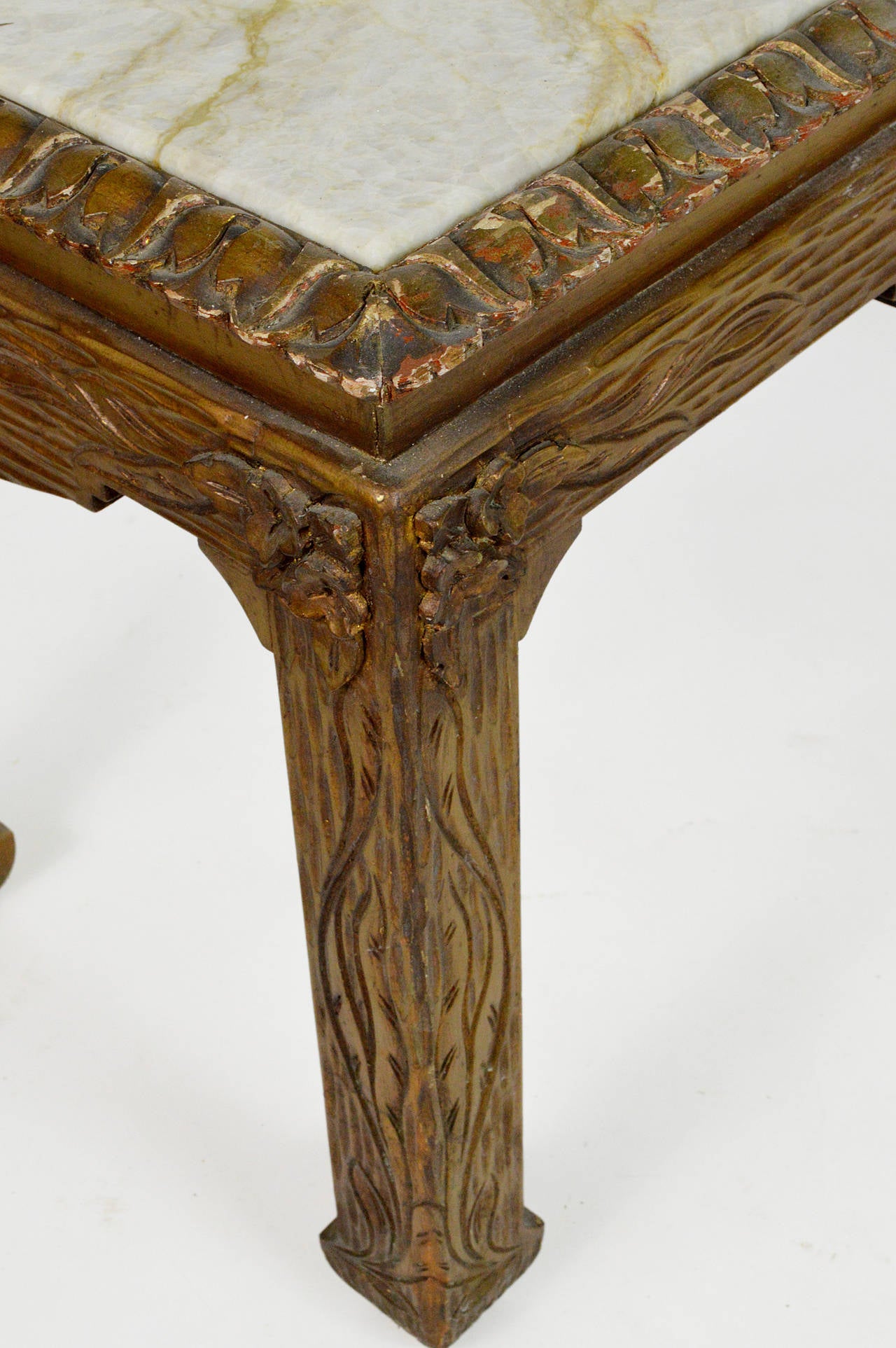 Chinese Chippendale Carved Wood Accent Table with Inset Marble Top For Sale 1