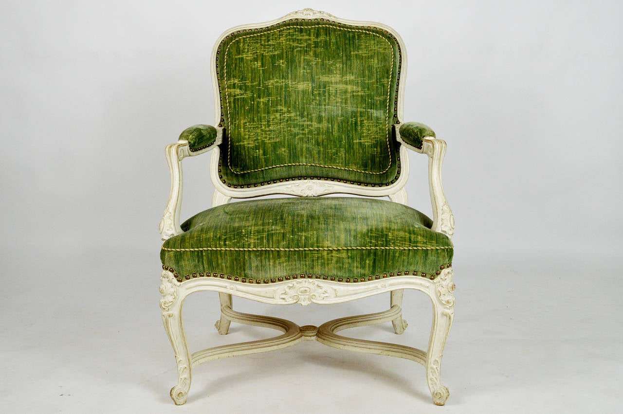 Upholstery Fine Pair of Louis XV Style Painted Chairs For Sale