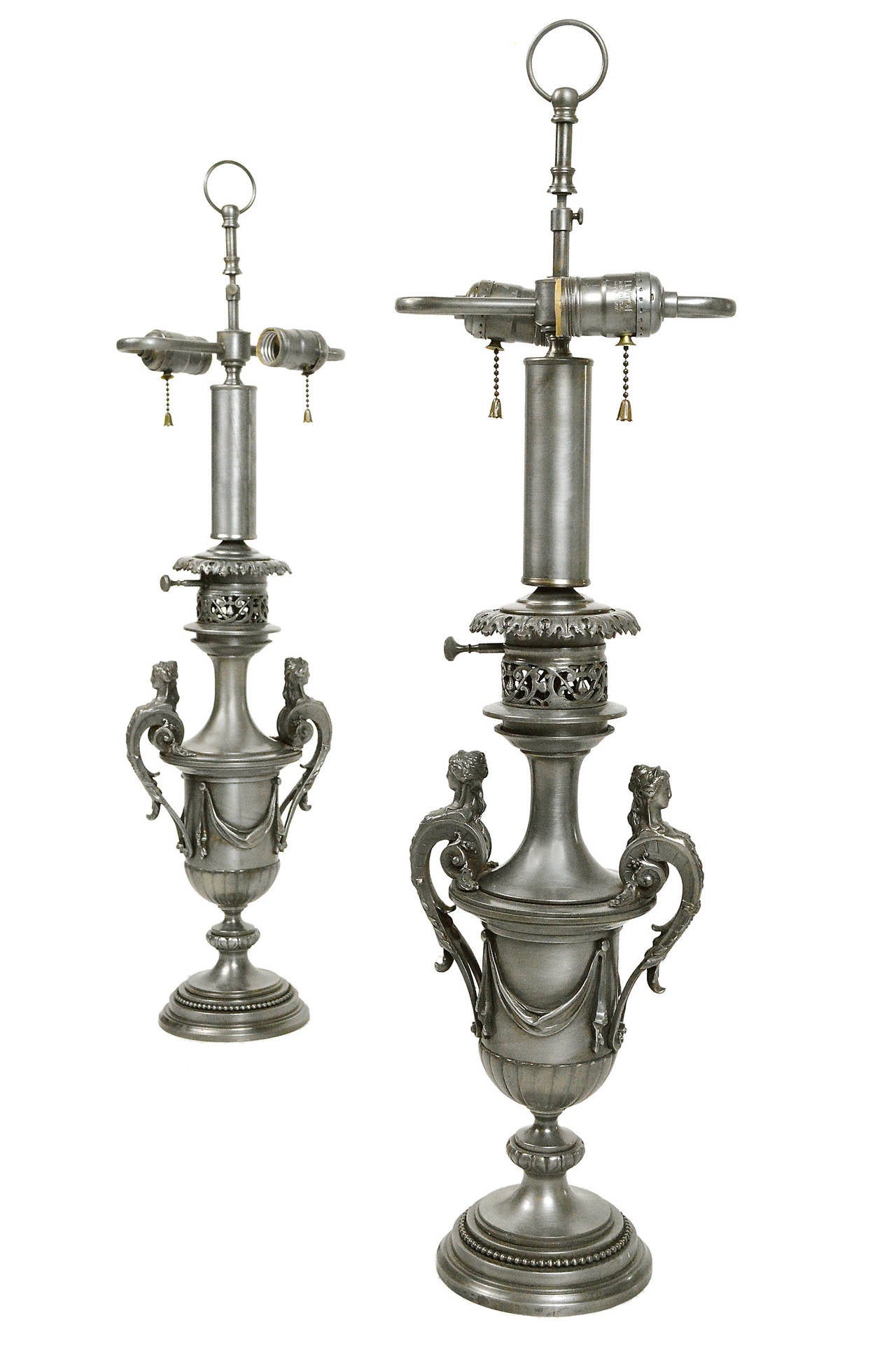 19th Century Pair of French Classical Style Nickel Figural Lamps