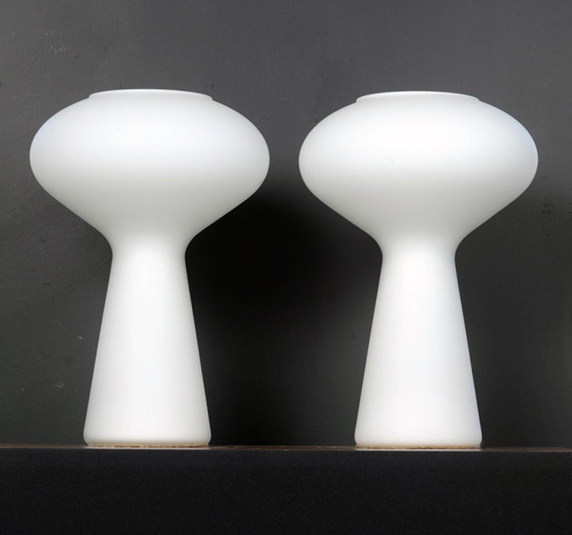 Set of two art glass mushroom lamps 

designed by Lisa Johansson-Pape,

Finland, circa 1950s,

handblown white frosted and acid etched glass

widest diameter 8