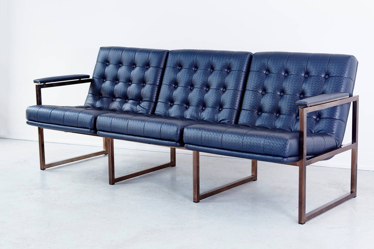 Milo Baughman Mid-Century sofa reupholstered in navy woven leather sofa.