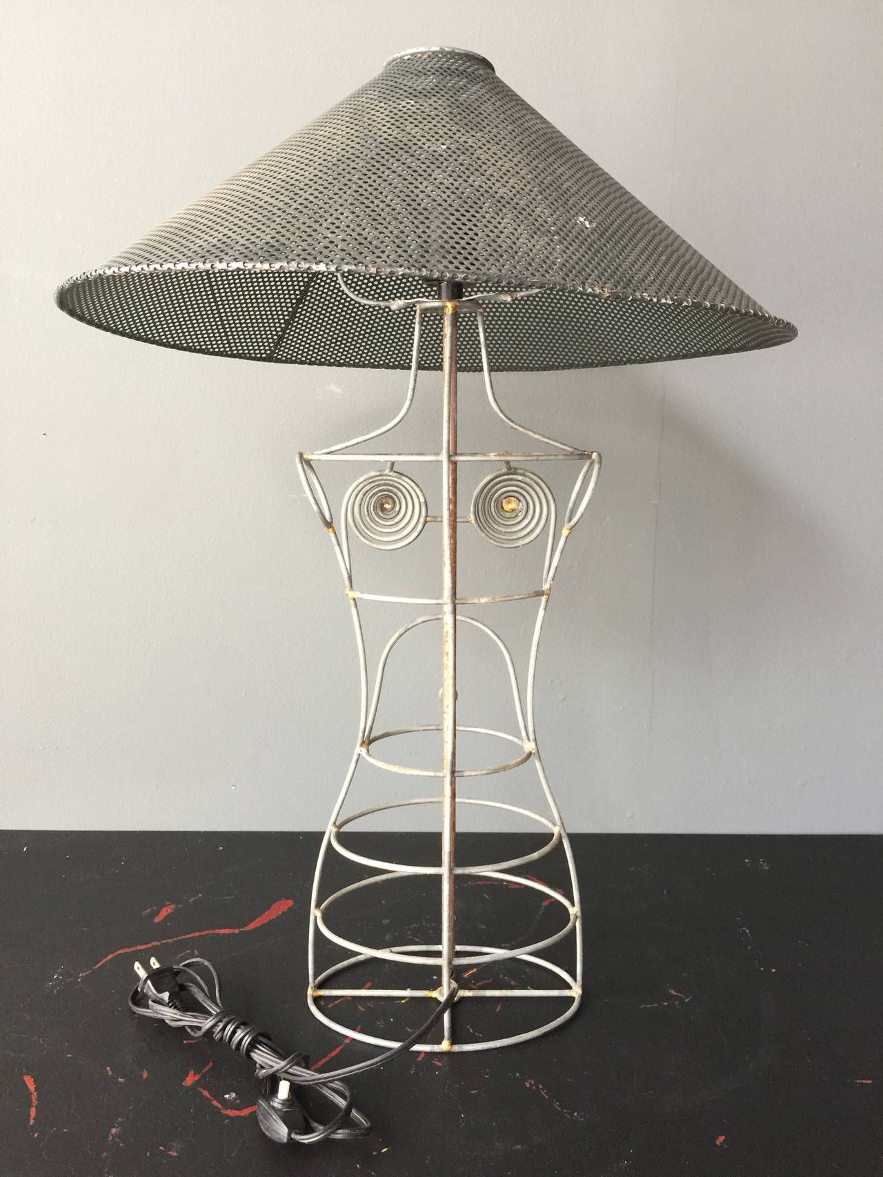 20th Century Wire Form Brazed Female Mannequin Table Lamp with Perforated Conical Shade For Sale