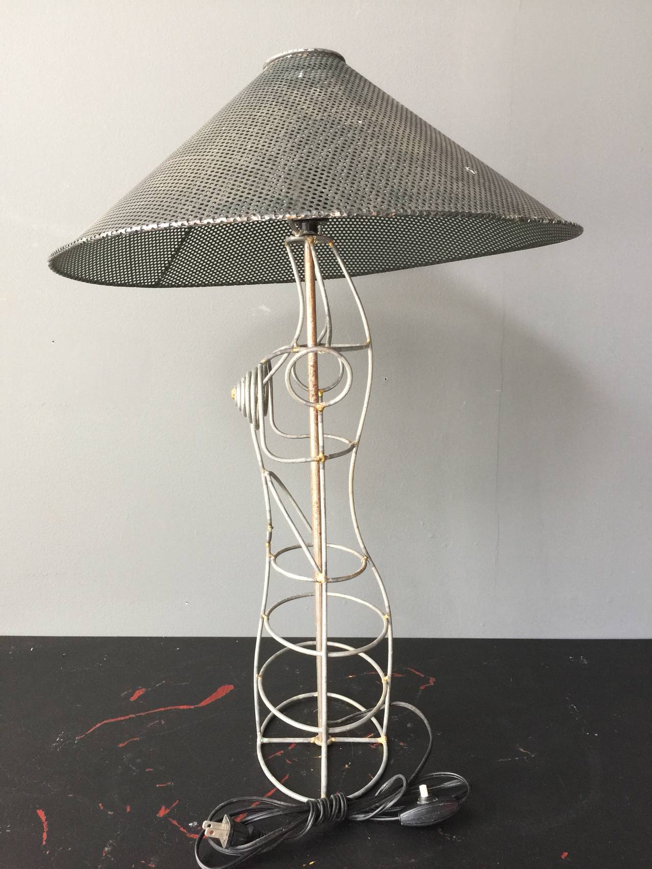 Metal Wire Form Brazed Female Mannequin Table Lamp with Perforated Conical Shade For Sale