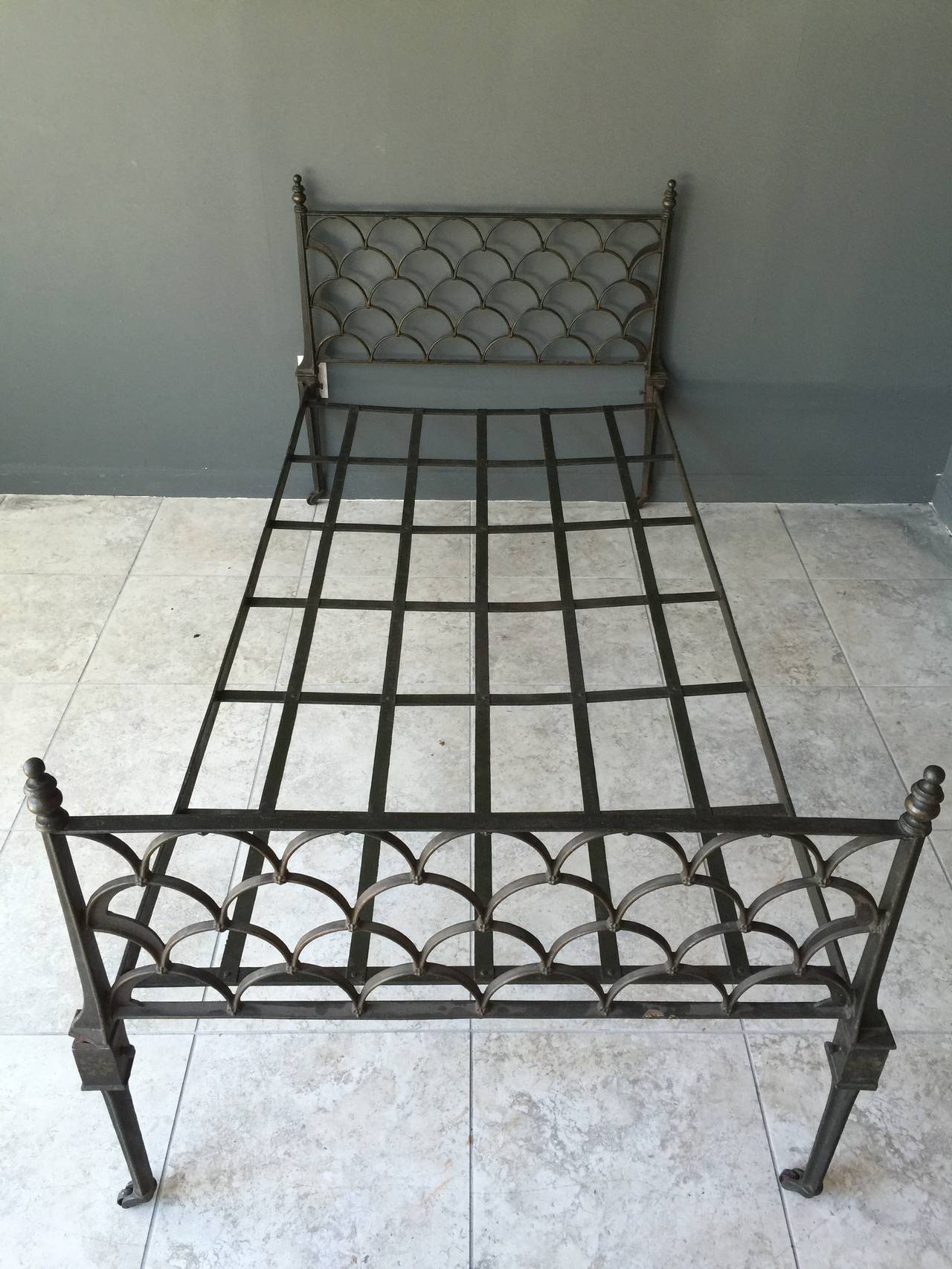 19th Century Paint Decorated Campaign Style English Cast Iron Bed on Casters For Sale 2
