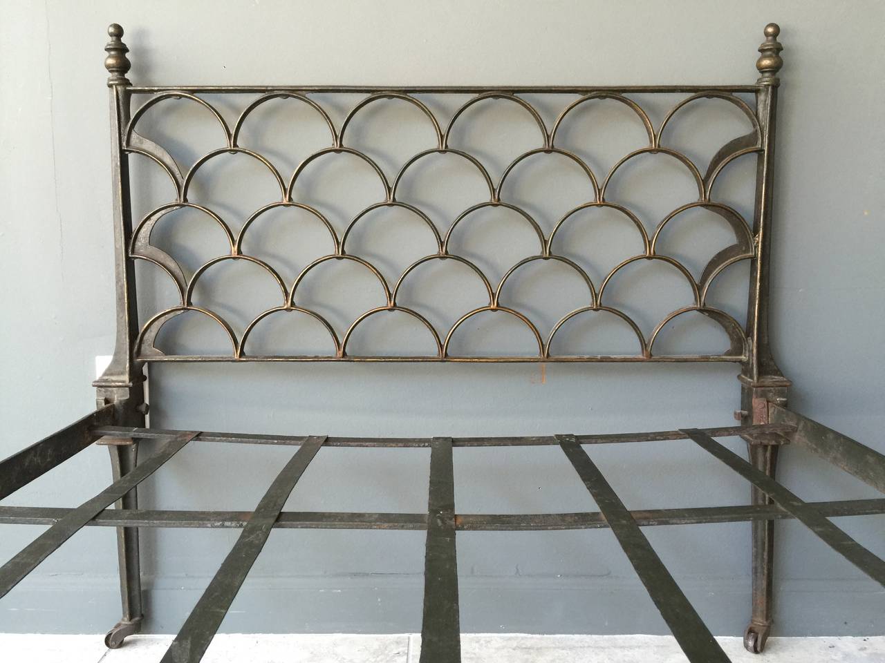 19th Century Paint Decorated Campaign Style English Cast Iron Bed on Casters For Sale 1