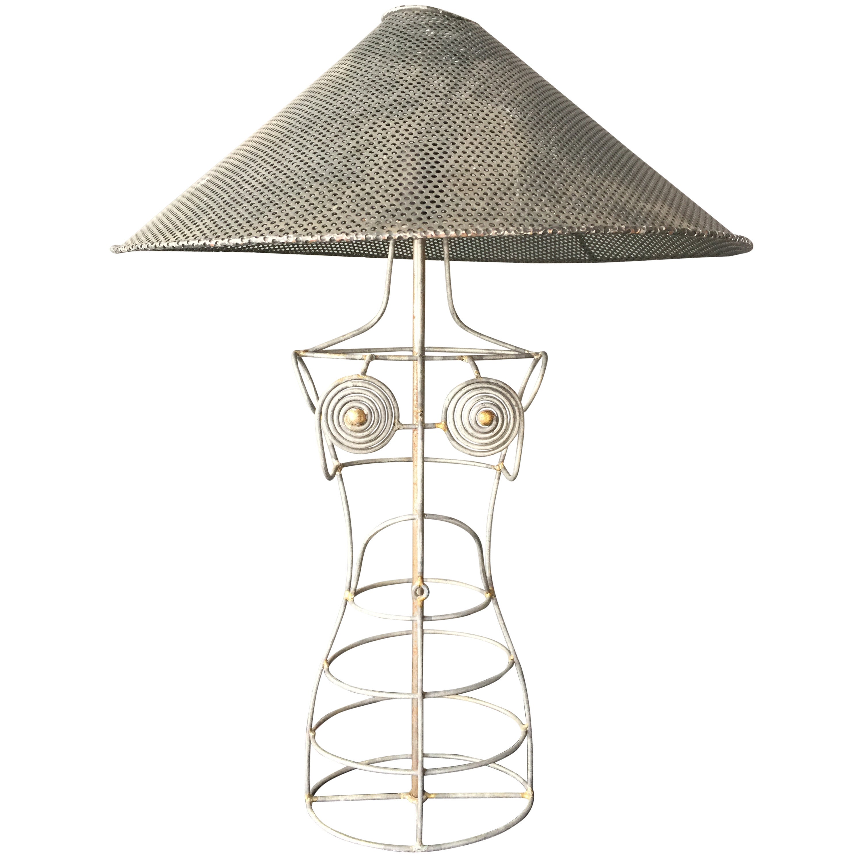 Wire Form Brazed Female Mannequin Table Lamp with Perforated Conical Shade For Sale