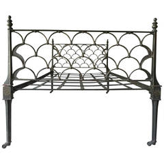 19th Century Paint Decorated Campaign Style English Cast Iron Bed on Casters