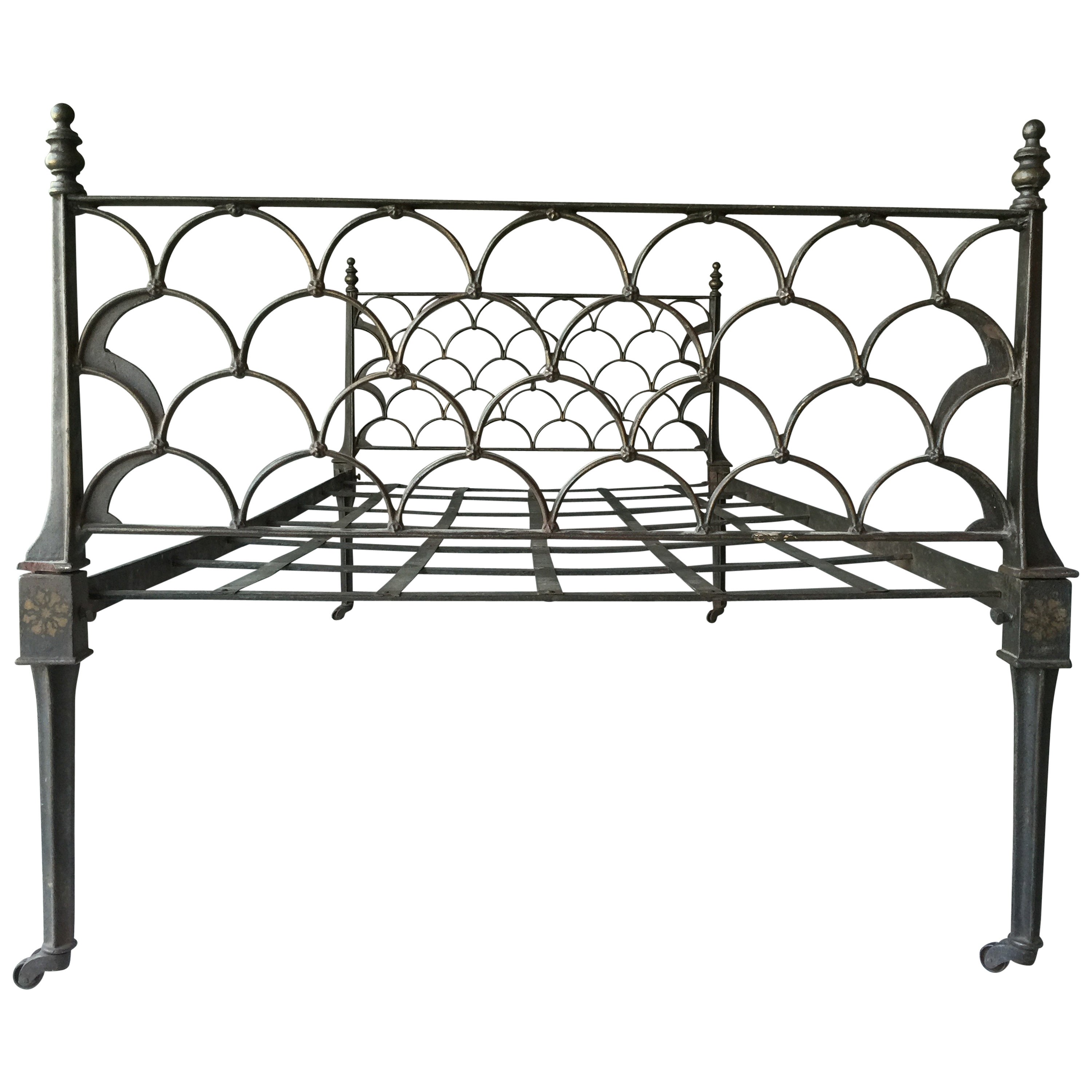 19th Century Paint Decorated Campaign Style English Cast Iron Bed on Casters For Sale