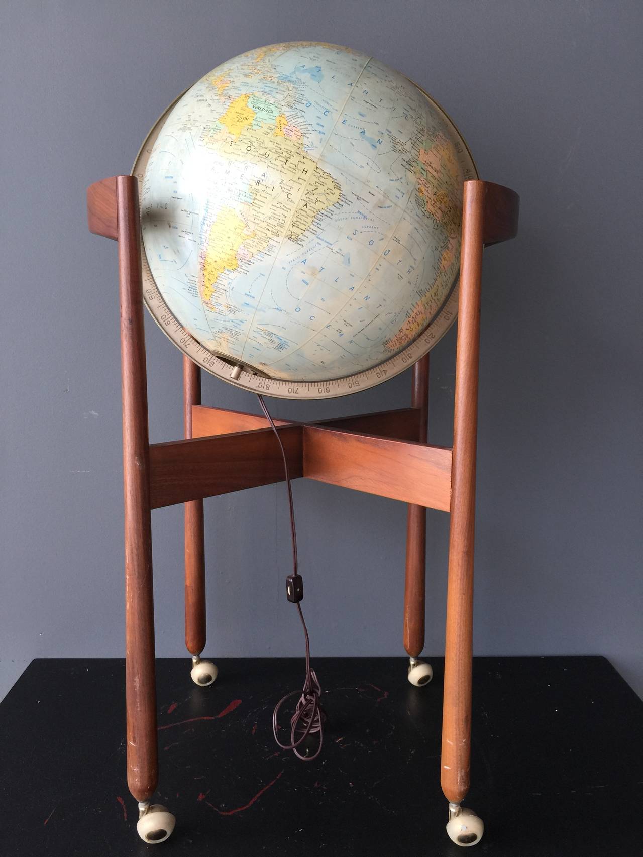 American Jens Risom Vintage Illuminated World Globe on Stand