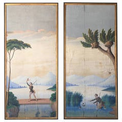 Antique Pair of 1830s Hand-Painted Italian or French Scenic Wallpaper Panels