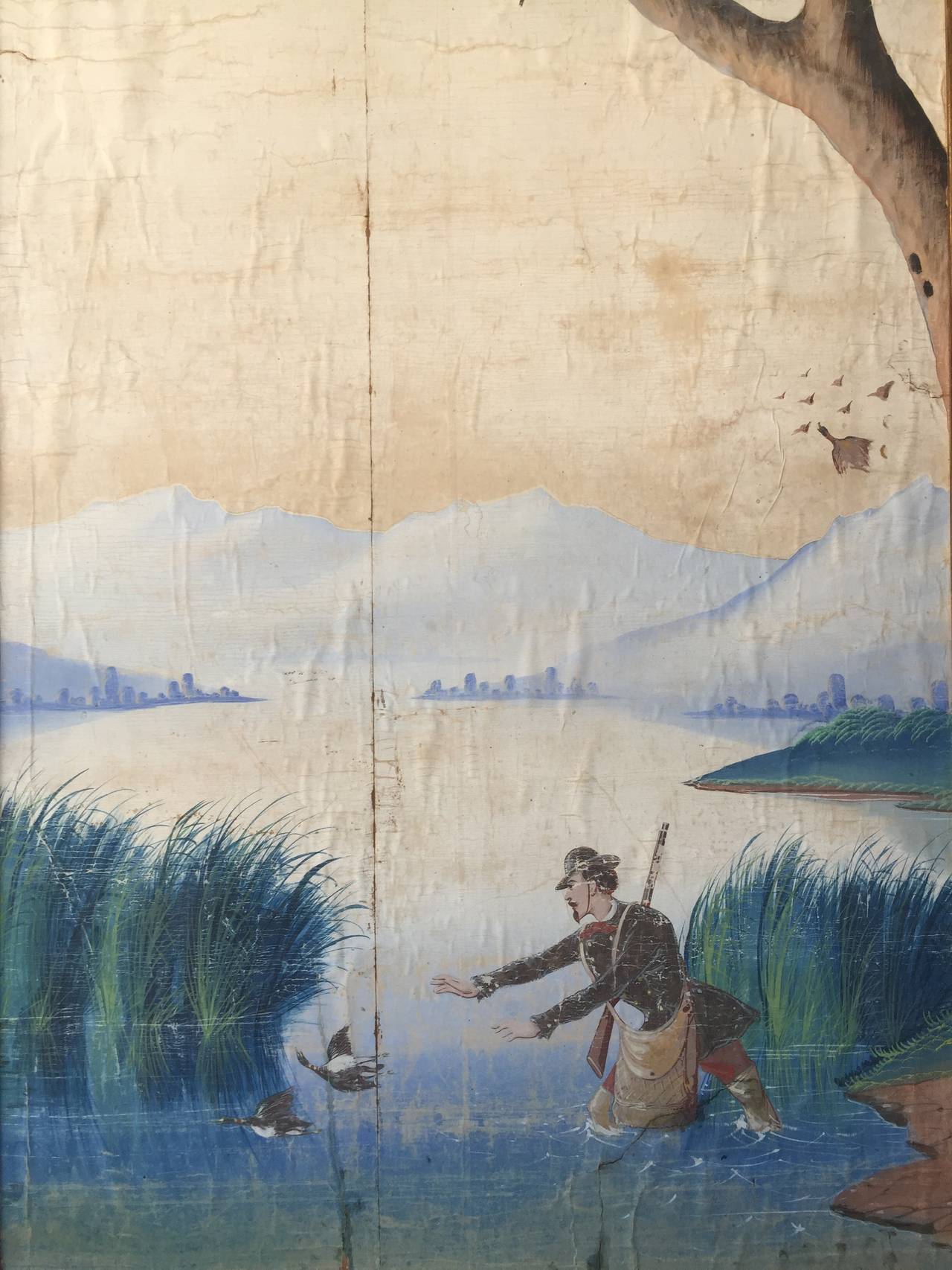 Pair of 1830s Hand-Painted Italian or French Scenic Wallpaper Panels In Fair Condition In New York, NY