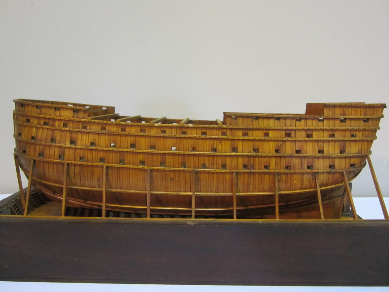 An historically important 1:96 scale English dockyard frame model of the 120 gun first rate ship-of-the-line believed to be H.M.S St George, and probably modelled for the Surveyor of the Navy Sir Robert Seppings circa1827.
The open hull, with wood