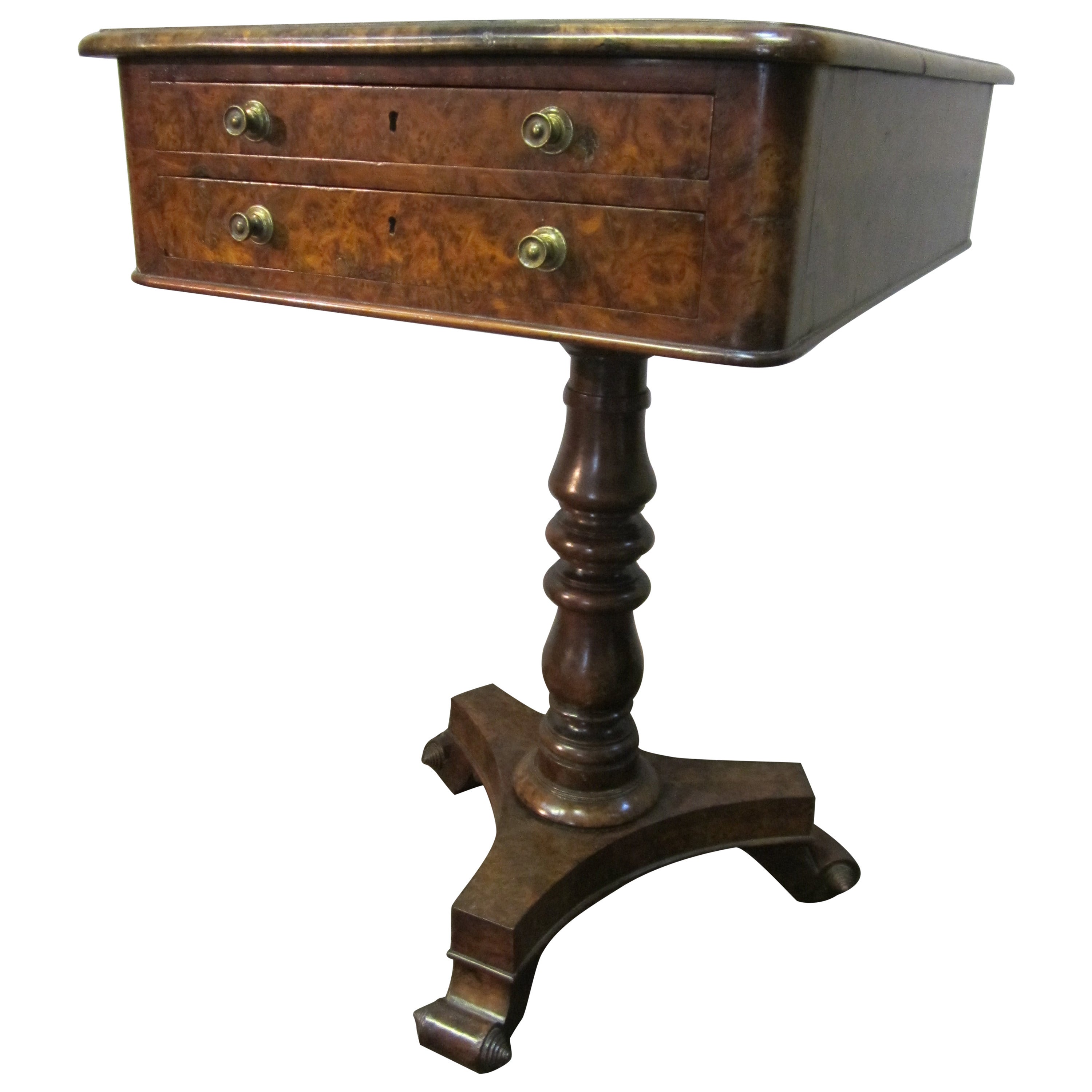 Rare Early 19th Century Burr Yew Wood Pedestal Workbox on Stand For Sale