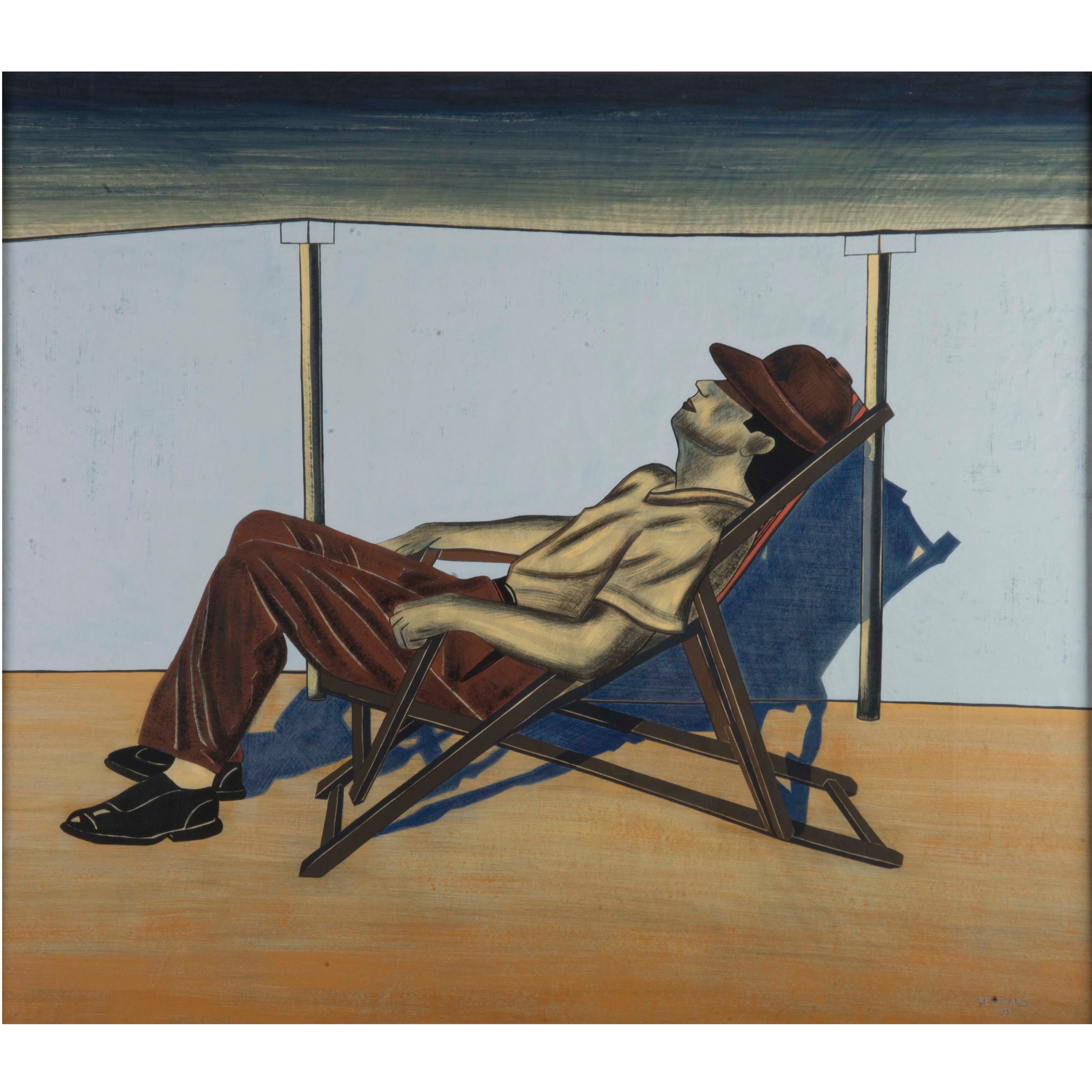 Bruno Vekemans, Man on Deckchair, Gouache, 1993 For Sale