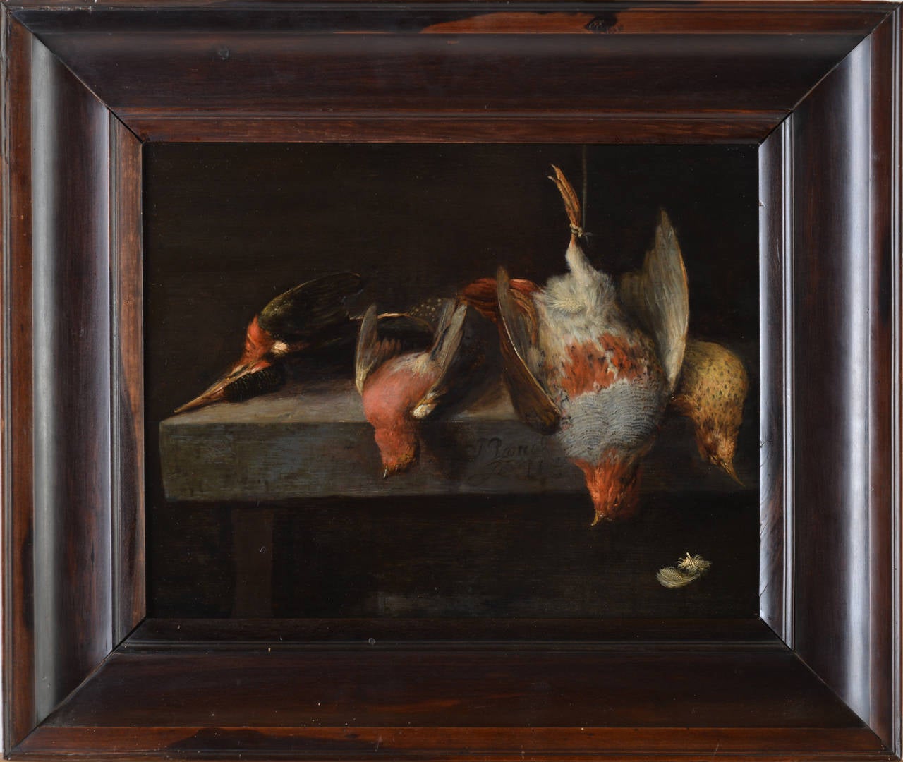 Fantastic painting of Jan Vonck (Torun, 1631 - Amsterdam, 1664). Still life dipicting a kingfisher, a bullfinch, a partridge and a titlark on a ledge, signed lower centre j. vonck - fecit a, oil on panel, 33x42 cm.

He was the son and pupil of his