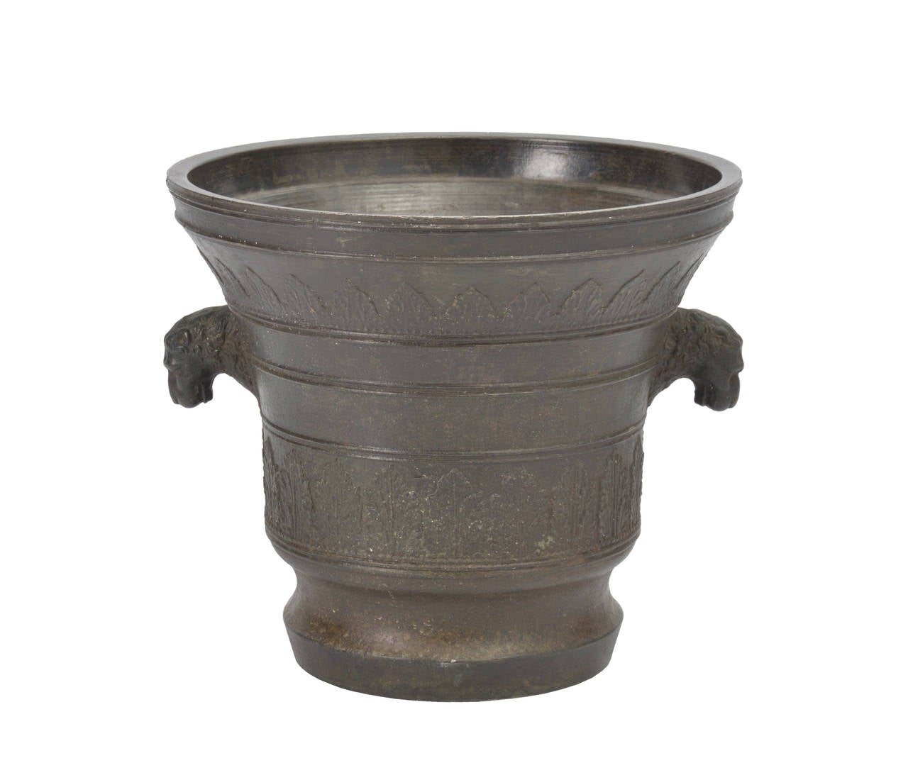 Very large bronze mortar, cast with two lion shaped knop handles, with a rich decorated frieze and inscribed: Gio Cavadini f ver a, anno 1858.

Mortar has a nice dark patina.