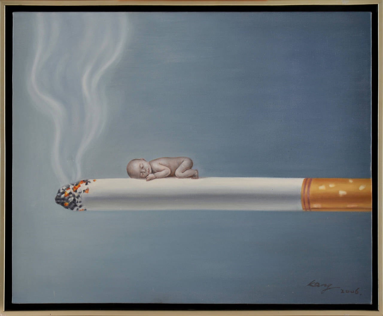 Kang Can (Chongqing, 1982), titled: Dont Wake Me Up, depicting a baby on a cigaret, signed and dated Kang 2006 lower right , oil on canvas, canvas: 45x55 cm, frame: 49x59

Born in 1982 in Chongqing (China), Kang Can graduated from the  Sichuan